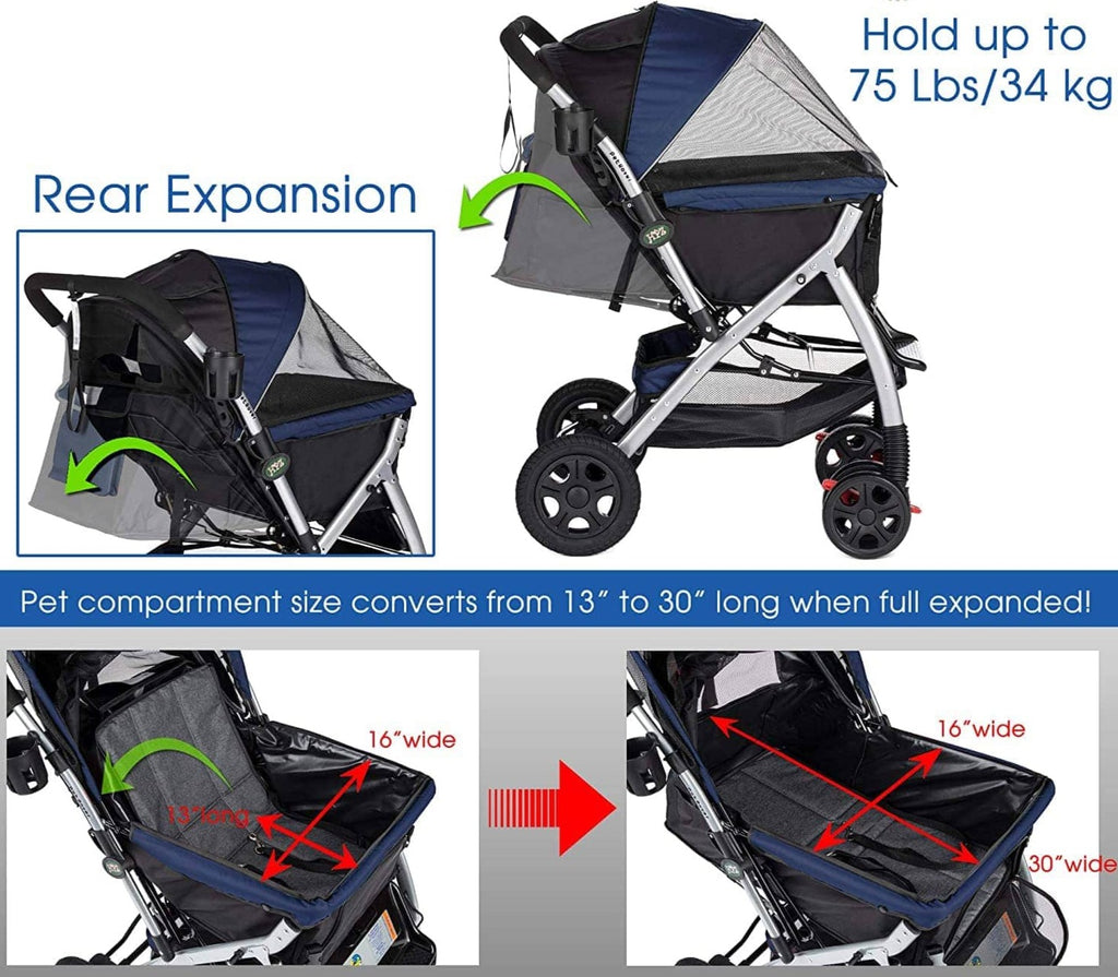 stroller with dog compartment HPZ™ PET ROVER Premium Stroller for Small/Medium/Large Dogs, Cats and Pets (Navy Blue)