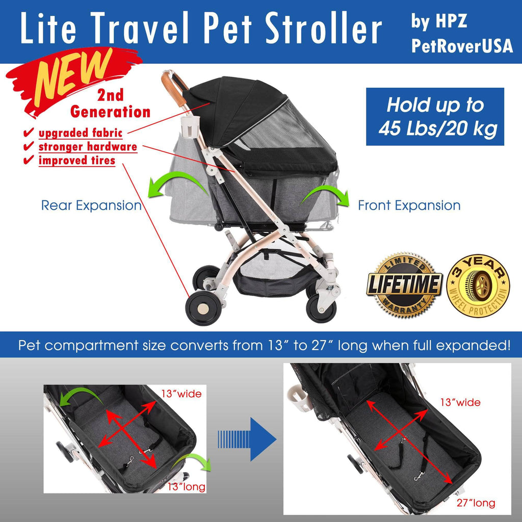 travel lite standard pet stroller HPZ™ PET ROVER LITE Premium Light Travel Stroller for Small/Medium Dogs, Cats and Pets (Black