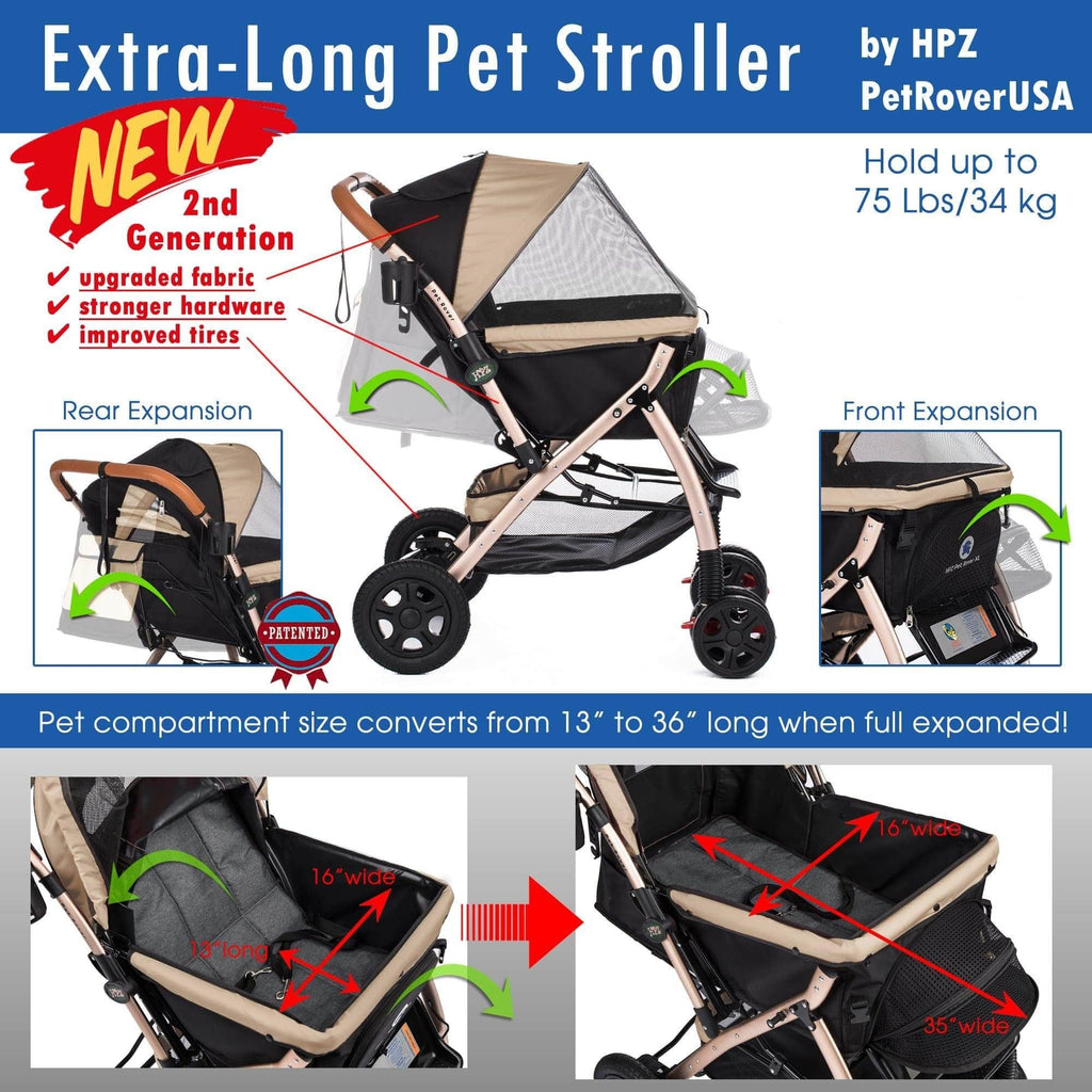 hpz pet rover premium heavy duty dog cat pet stroller HPZ™ PET ROVER XL Extra-Long Premium Stroller for Small/Medium/Large Dogs, Cats and Pets (Taupe